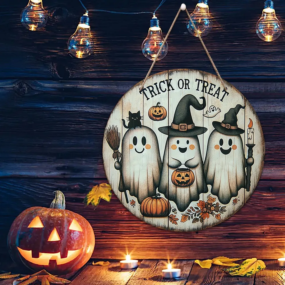 1pc, 2D Wooden Halloween Three Cute Ghost Broom Spoof Pumpkins 7.9Inch/20cm Round Hanging Sign Wall or Door Decor Wall Art