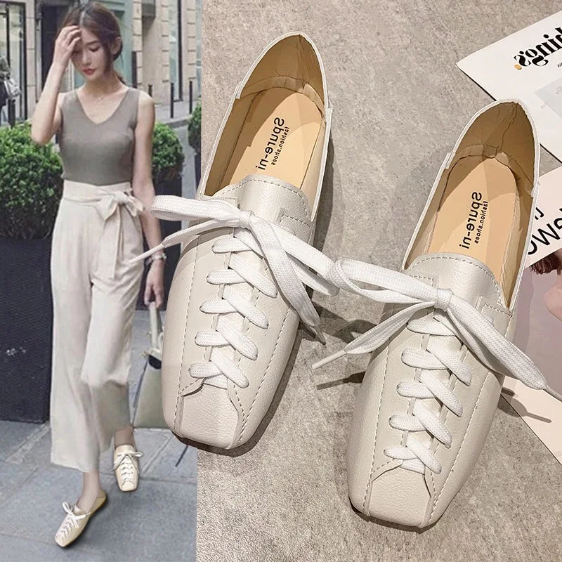 ZANPACE Casual Square Toe Platform Shoes New Spring Lace-Up PU  Loafers Women Shoes 2021 Soft Flat with Leather Shoes Female