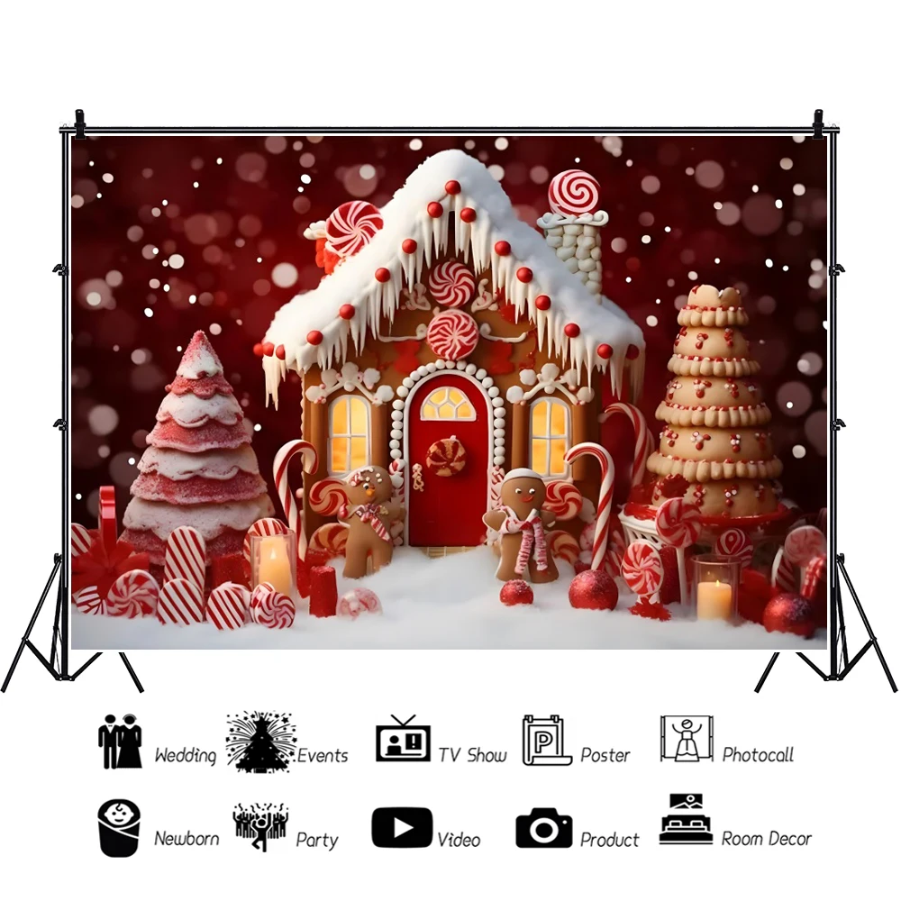 Laeacco Christmas Gingerbread House Background Merry Xmas Red Candy Winter Snowflakes Santa Kids Portrait Photography Backdrop