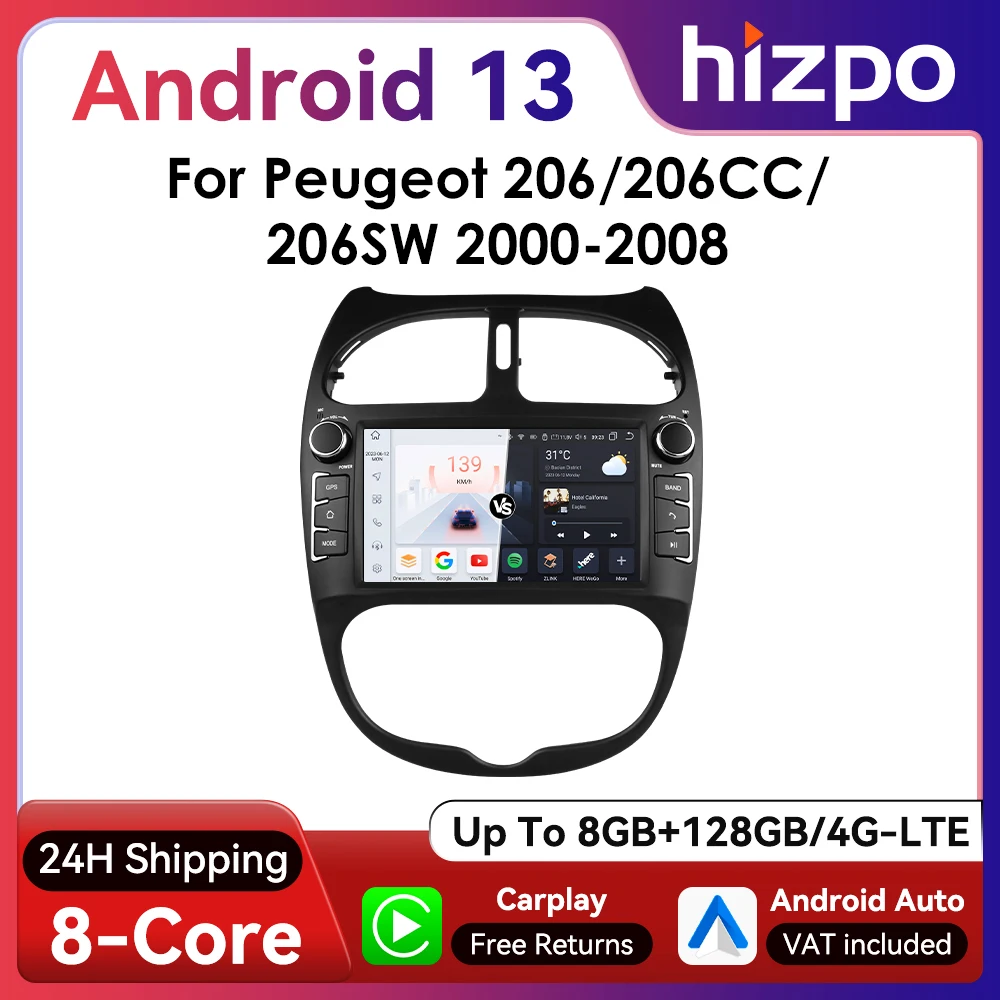 HIZPO 2Din 7inch Android13 Car Radio for Peugeot 206 206CC 206SW 2000 - 2008 Headunit 4G BT CarPlay GPS RDS DSP Quad/Octa Core