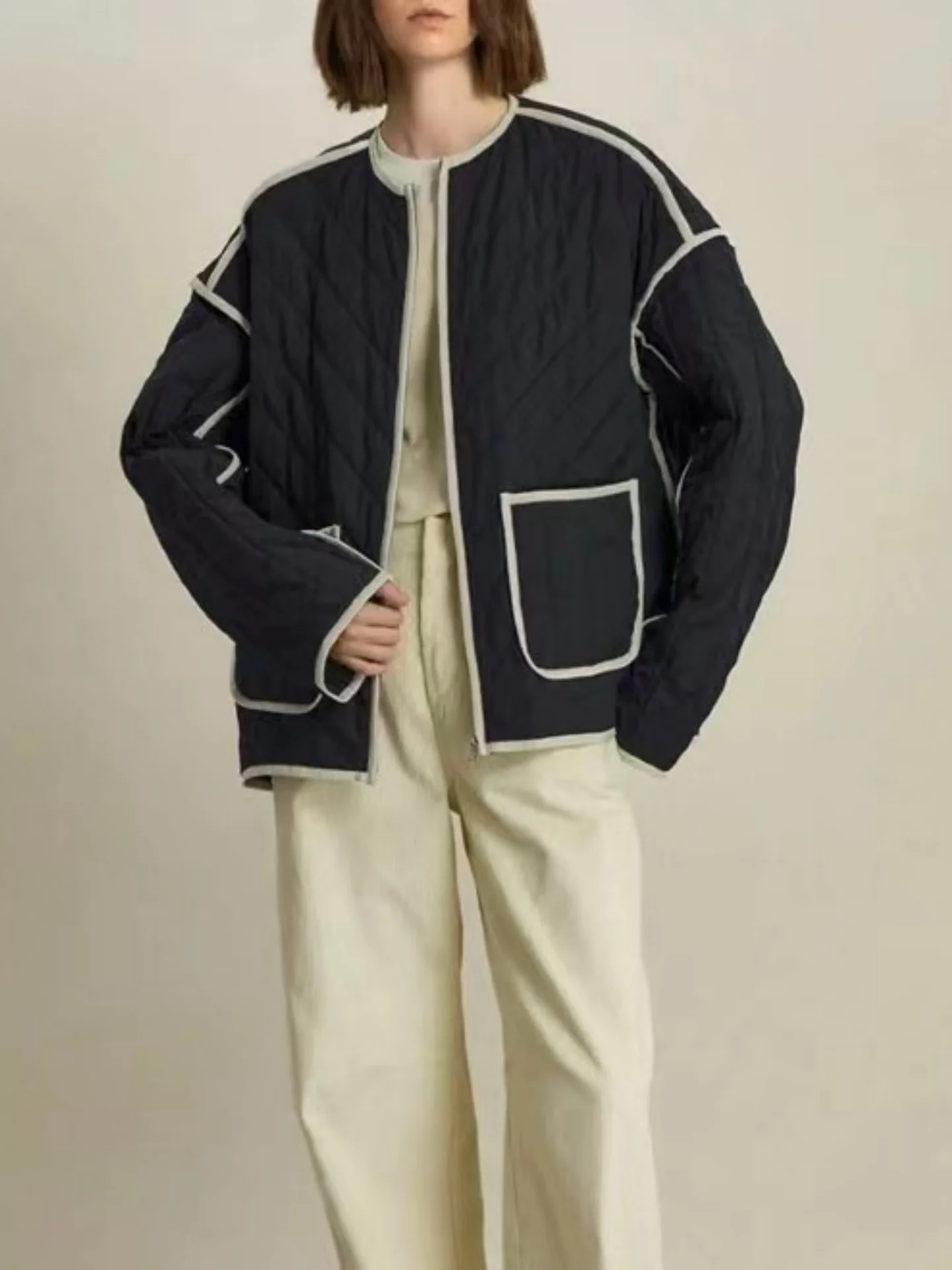 

Женская стеганая хлопковая куртка Fa Handpied осенне-зимняя, синяя, контрастных цветов, повседневная, универсальная, с круглым вырезом