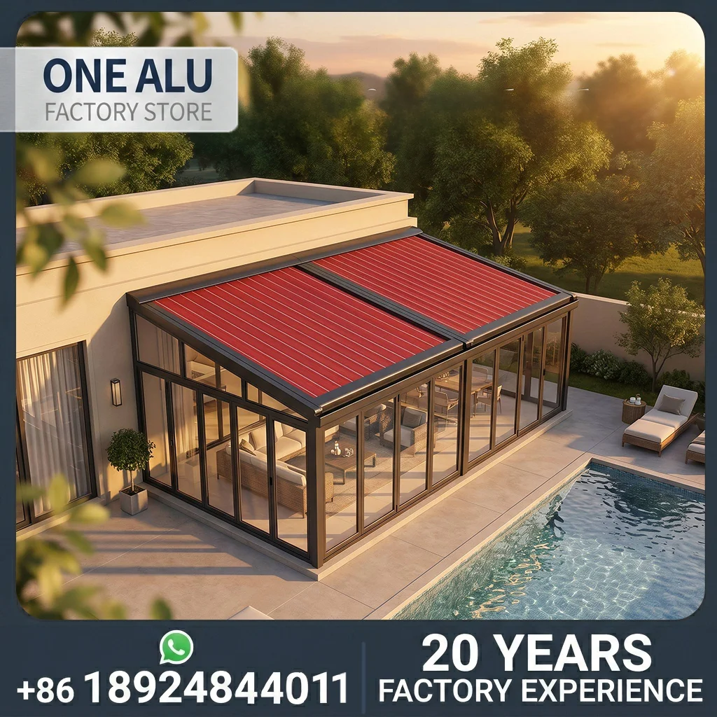 Auvent intelligent OneAlu : auvent rétractable motorisé rouge pour véranda en verre de villa de luxe