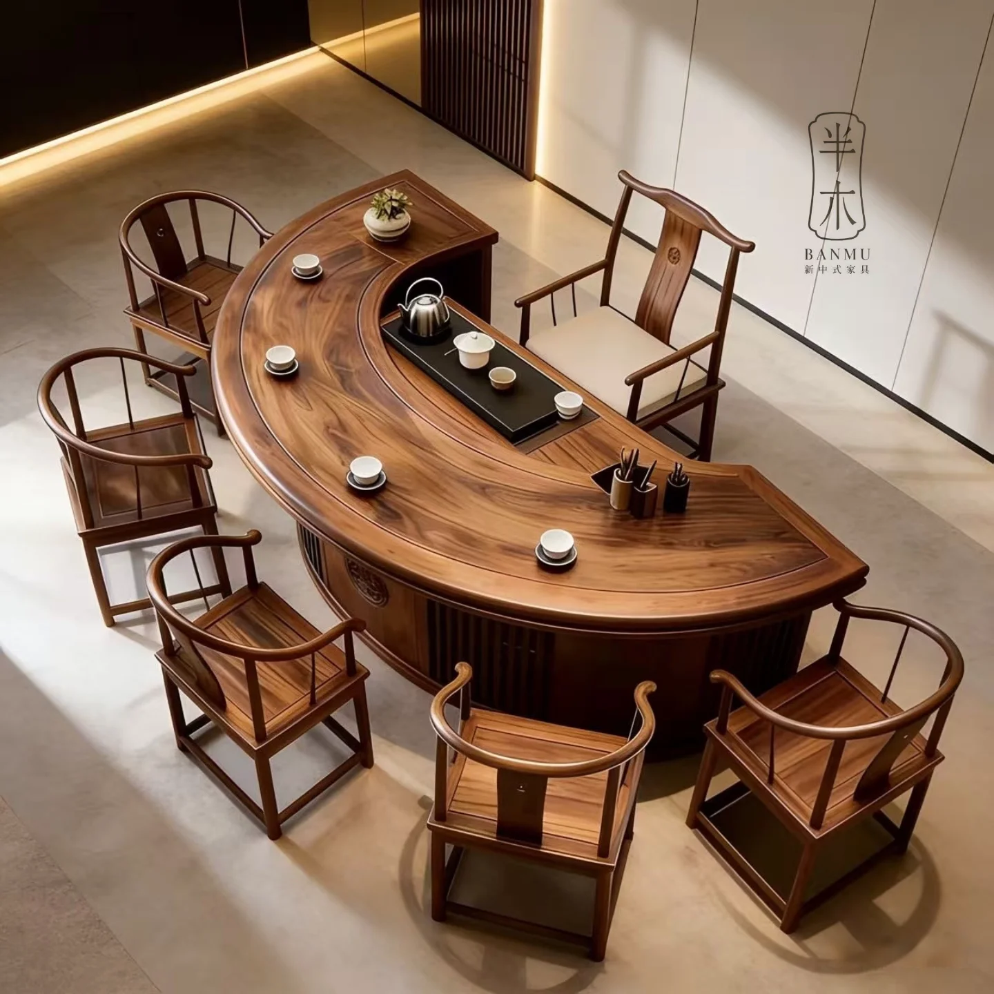 

DSA new chinese style half-round table black walnut tea table set - high-end solid wood tea table furniture for office