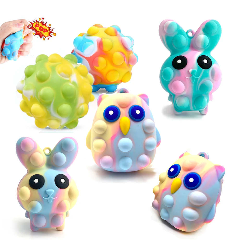 Balles anti-Stress Pop, 6 pièces, jouet Squishy, lapin de pâques, hibou, poupée accrocheuse à presser, Mochi Abreact, jouet d'évent, soulagement du Stress