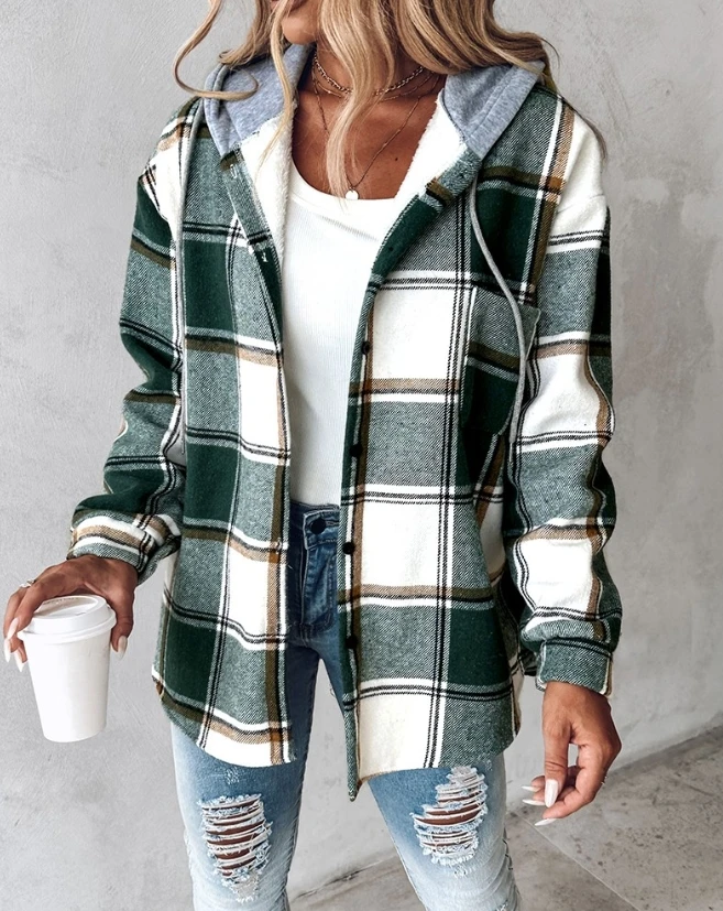 

Women's Hooded Shirt 2024 Fashion Street Plaid Print Buttoned Hooded Shacket Jacket Daily Casual Winter Long Sleeved Hoodie