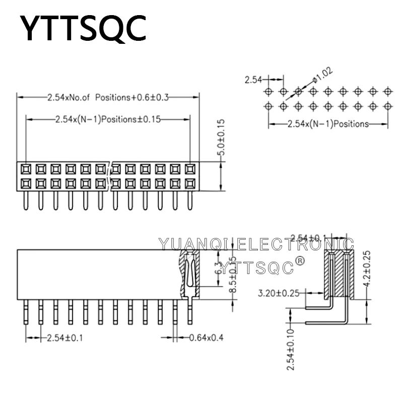 10pcs 2.54mm Female Header Right Angle 90D PCB Female Pin PH8.5mm double row 2X2/3/4/5/6/7/8/9/10/20/25/30/40P Gold-plated