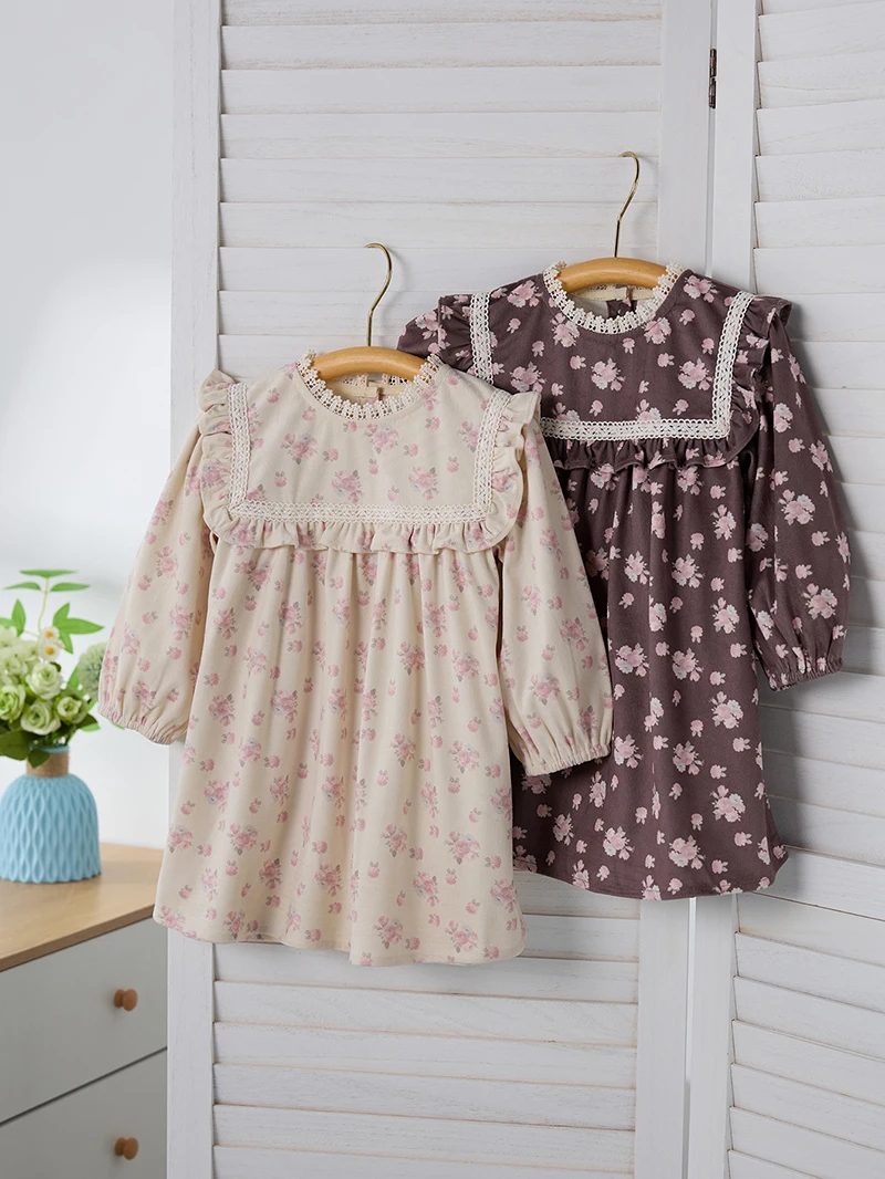 MILANCEL Spring Girls' Floral Dress Cute Children's Lace Collar Long Sleeve Dress Girls' Casual Outfit Kid's Autumn Clothing