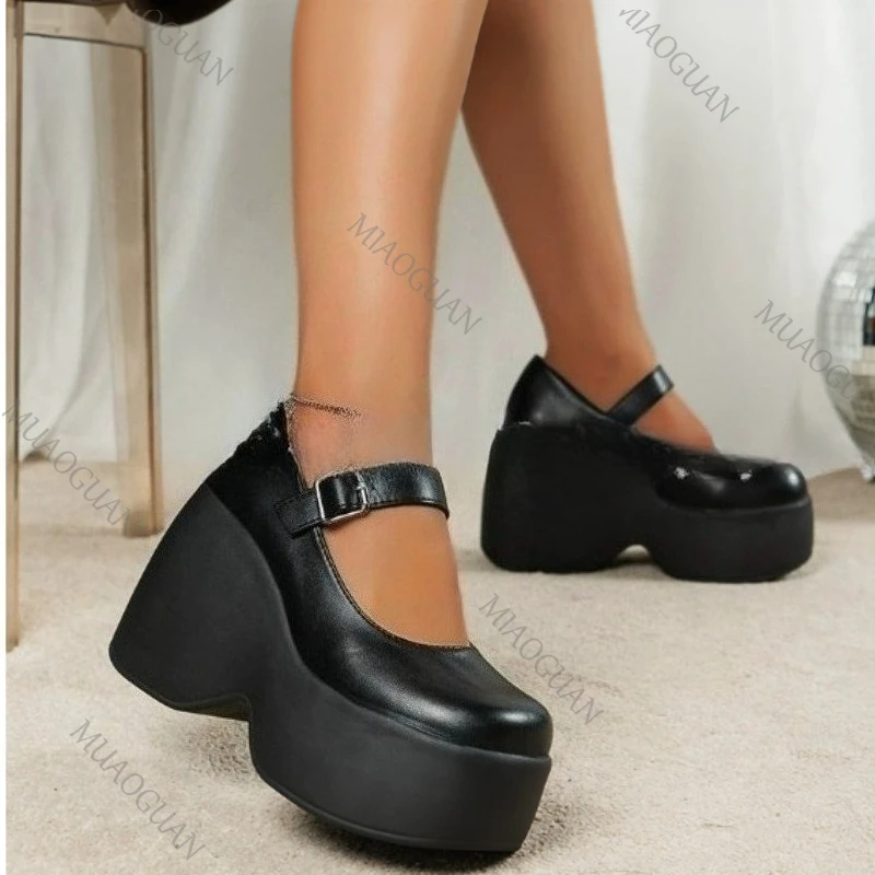 Wedges Shoes for Women 2025 Autumn New Chunky Heel Platform Mary Jane Shoes Simple and Stylish Women\'s Pumps Zapatos De Mujer