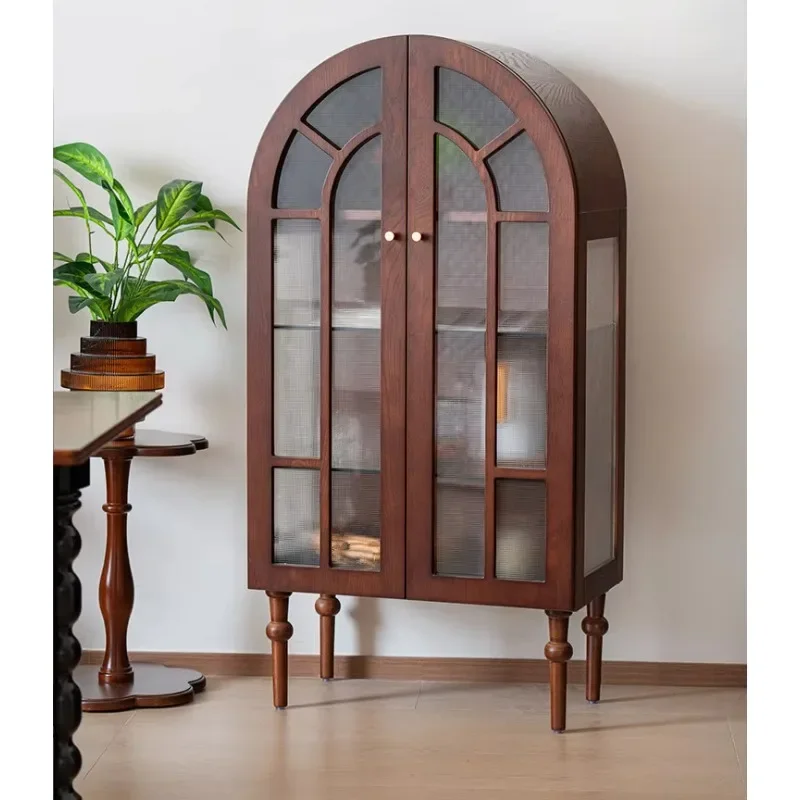 Vintage arched solid wood living room display cabinet, mid-century modern style locker, glass door with groove