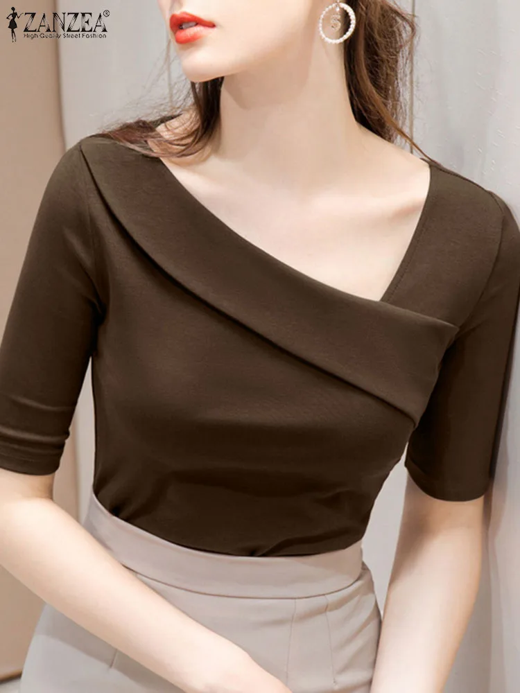 

Elegant Women Summer OL Blouse ZANZEA Fashion Slanted Collar Short Sleeve Shirt Casual Office Work Party Blusas Slim Tops Mujer