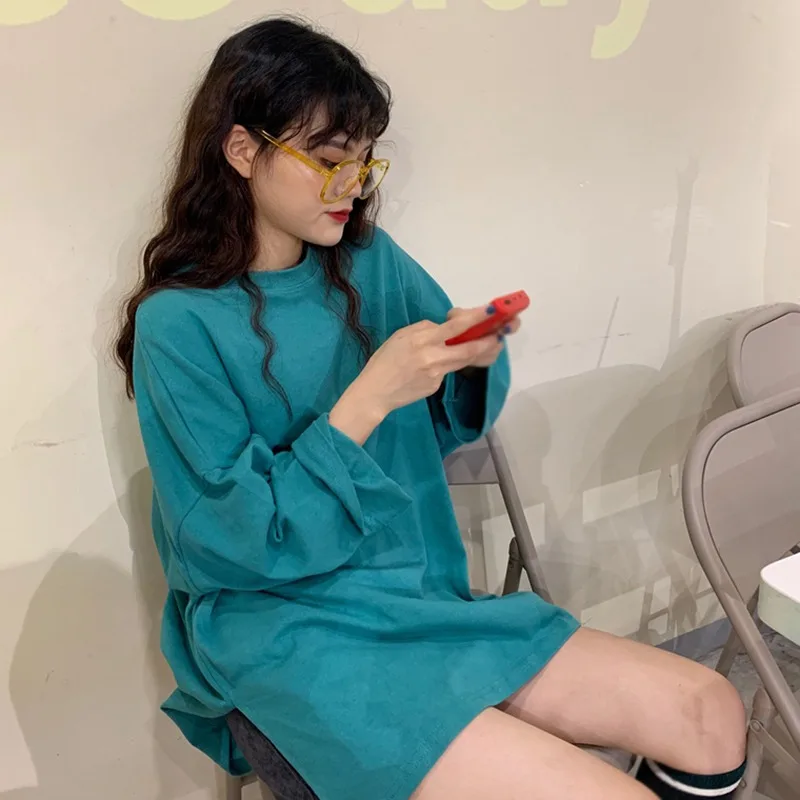 Women T-shirt Slit Loose Oversize Tees Solid Round Neck Simple Dress  Fashion Ladies  Casual Autumn  Long Sleeve Basic Tops
