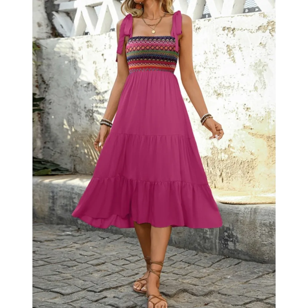 موضة سوينغ المرقعة العرقية نمط المرأة فستان الرسن صيف جديد سليم وأنيق الإناث البوهيمي الشاطئ فساتين وهمية 2025 #5