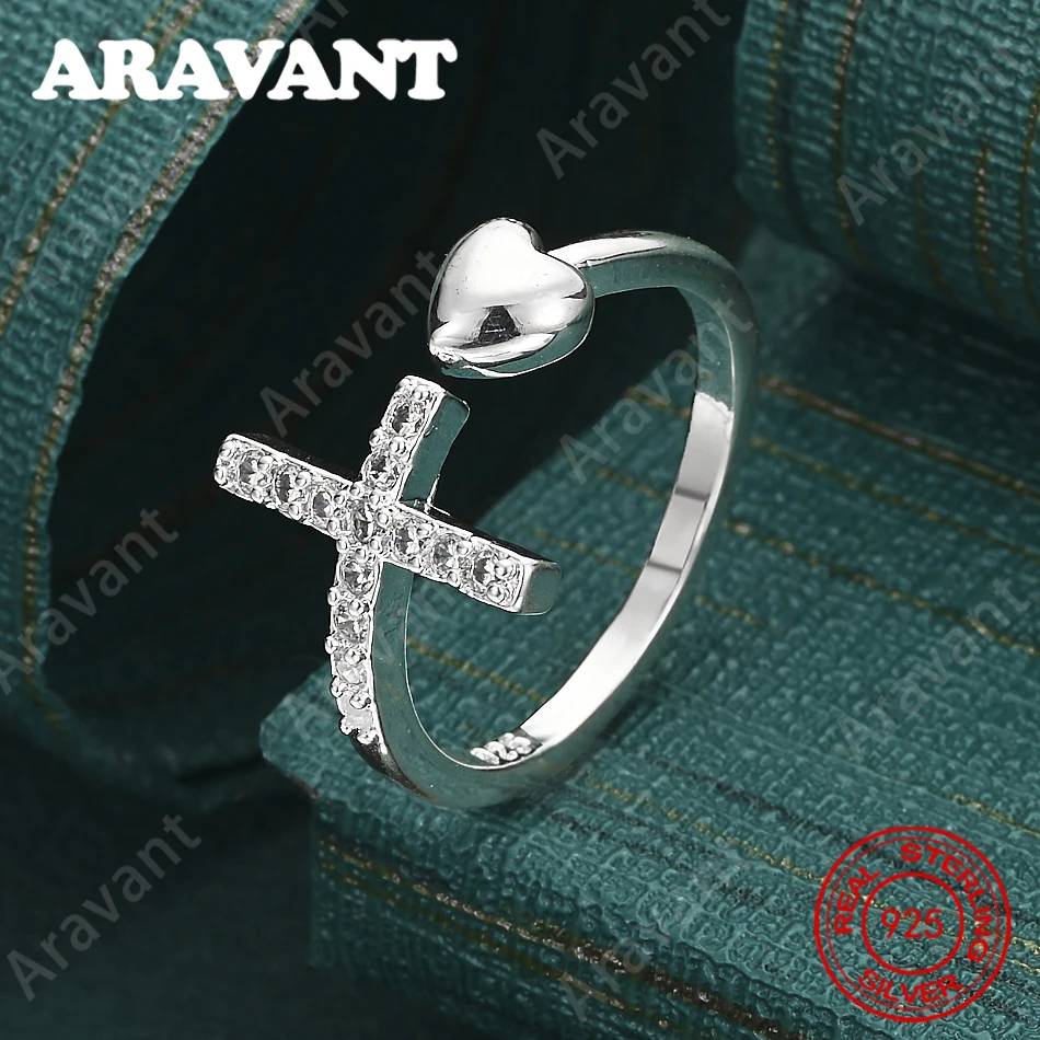 

925 Sterling Silver Cross And Zirconia Heart Opening Ring - Unique Gift, Versatile For Events And Jewelry