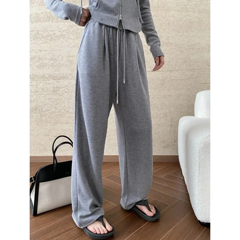 Fashionable pinch waist style gray gray hooded double zipper jacket and casual pants two sets