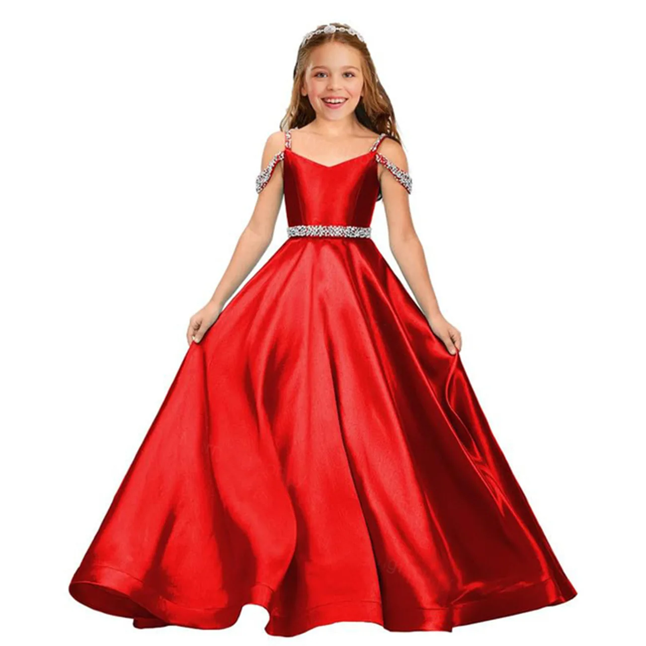 Eleganti abiti da festa di nozze per bambini in raso con perline lunghe con spalle scoperte compleanno Flower Girl Dress abiti da sera formali per ragazze