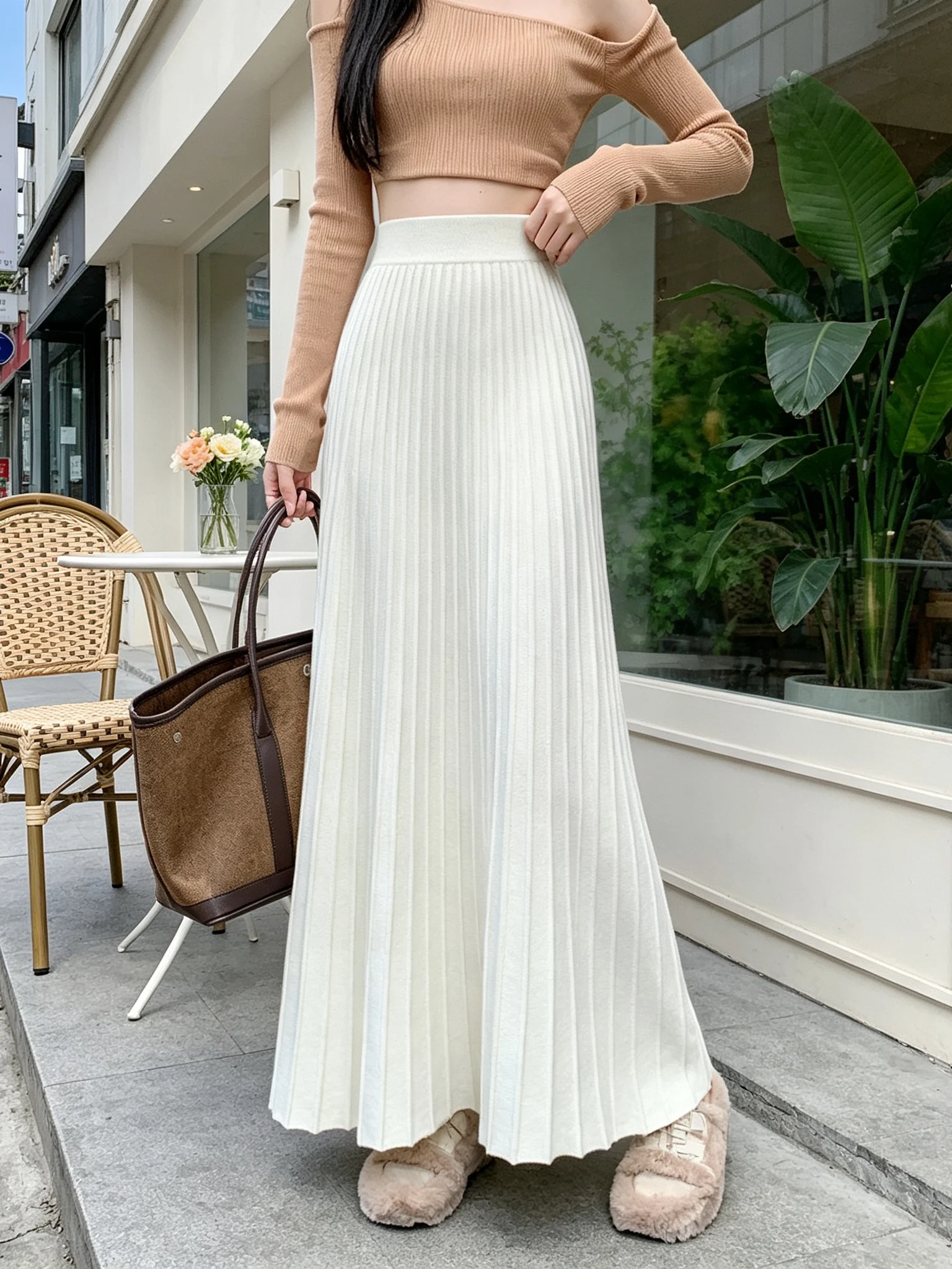 Women's Knitted Pleated Skirt Winter A-Line Ankle-Length Design Sensation Meat Covering Slimming Large Swing Skirt