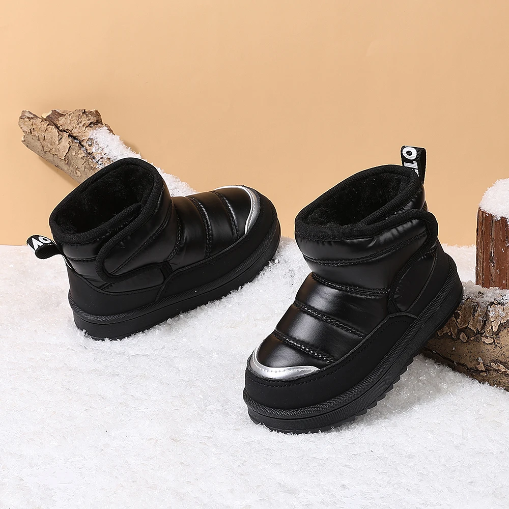 COMFY KIDS Toddler Black Puffy Fleece Lined Snow Boots Soft Non Slip Double Layer Rubber Sole Kids Winter Warm Shoes
