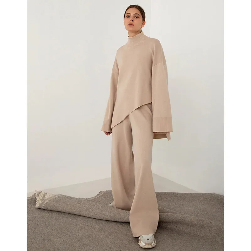 

Two Piece Sets Womens Outifits Turtleneck Irregular Sweater+knitted Wide Leg Pant Set Solid 2023 Clothes Knit Pullover Tracksuit