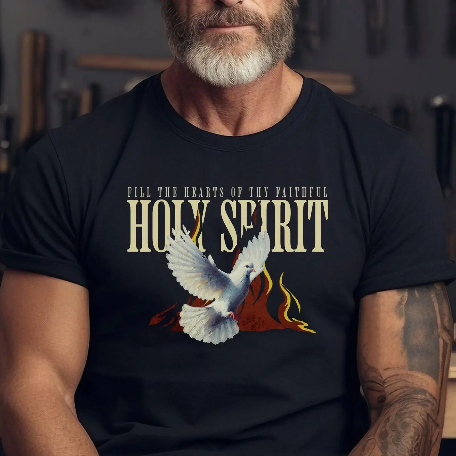 T-shirt « Venez, Saint Esprit » pour remplir les cœurs de vos fidèles catholiques, Pentecôte, vintage, délavé, graphique doux, respirant, légèrement texturé