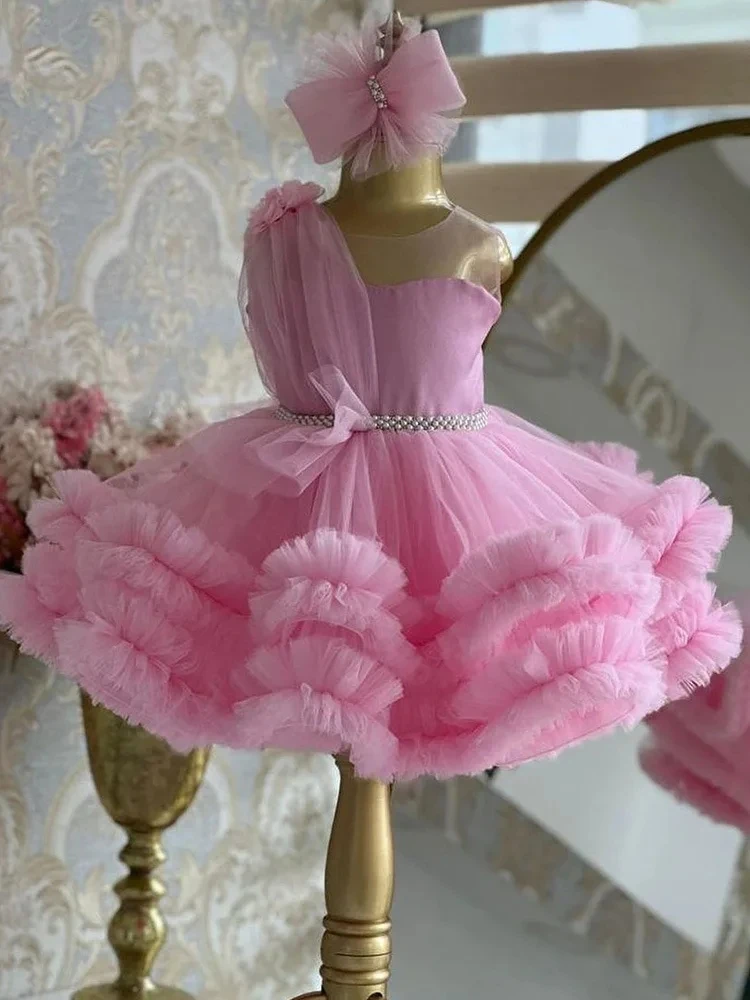 Vestido princesa de tule com flores para bebês, vestido de baile infantil sem mangas, vestido formal para o primeiro batismo e festa de aniversário, luxo e luxo