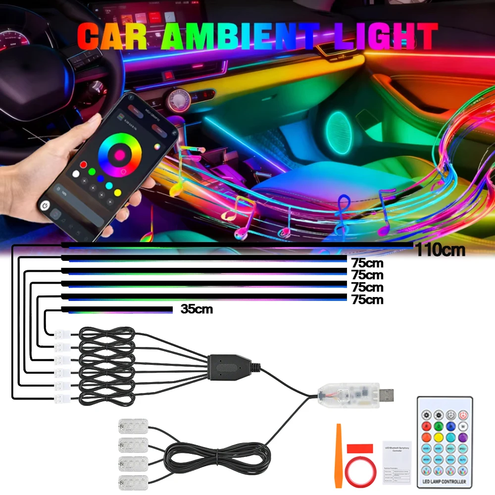 Kit d'éclairage d'ambiance LED en acrylique pour voiture, 1/6/10 pièces par ensemble, 256 couleurs RGB, symphonie de lumières, contrôle via application mobile et télécommande, lampe d'ambiance à effet