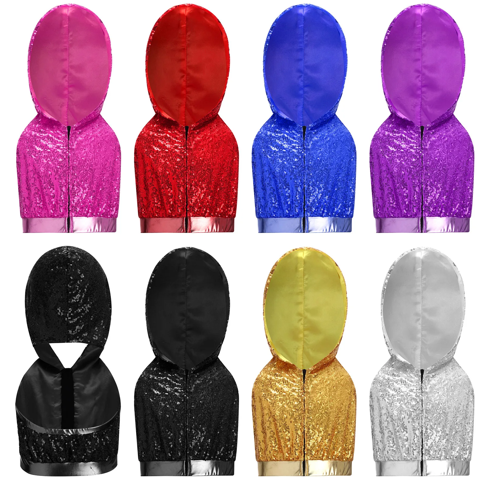 Children Girls Fashion Hip Hop Jazz Street Dance Costume Dancewear Sleeveless Backless Zipper Shiny Sequins Hooded Vest Crop Top