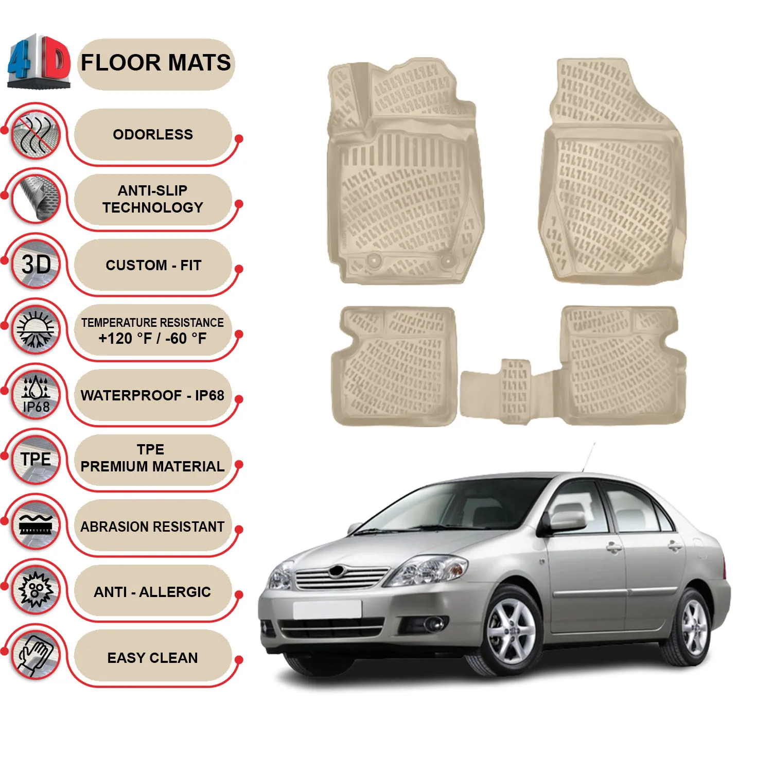 Toyota Corolla - (2000-2006) Floor Mats Liner Waterproof 3D - (Beige)