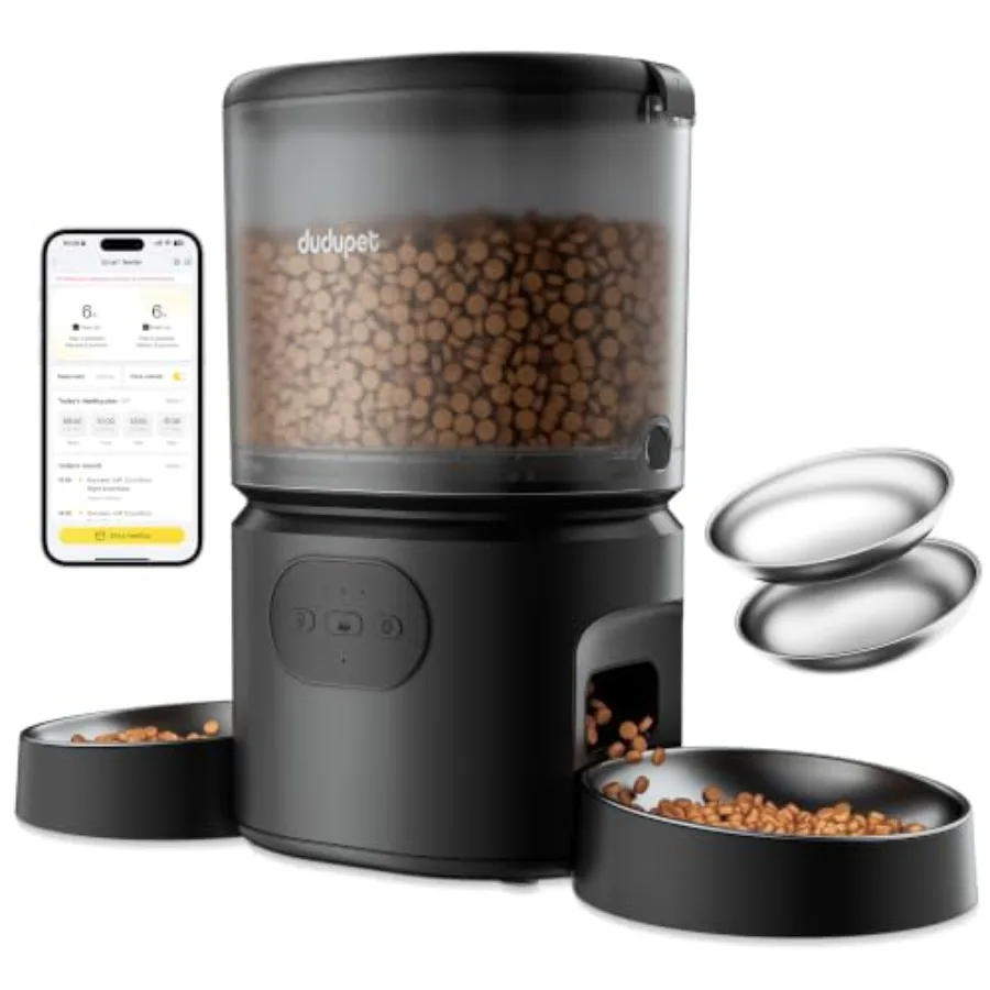 Automatic cat feeder for 2 cats, stainless steel, silver, app-controlled timed precise feeding with portion control and voice r