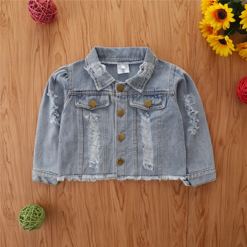 New INS Fashion Kids Denim Jacket, Stylish Ripped Distressed Outerwear for Baby Boys Girls for 90-130cm