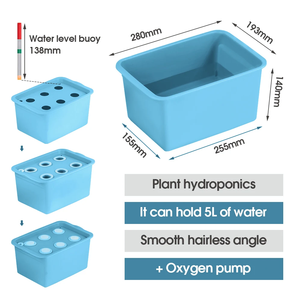 5L Blue Box 6-Hole Growing Hydroponic System Nursery Sponge Nutrient Solution Support Soilless Recirculated Herb Grow Kit Indoor