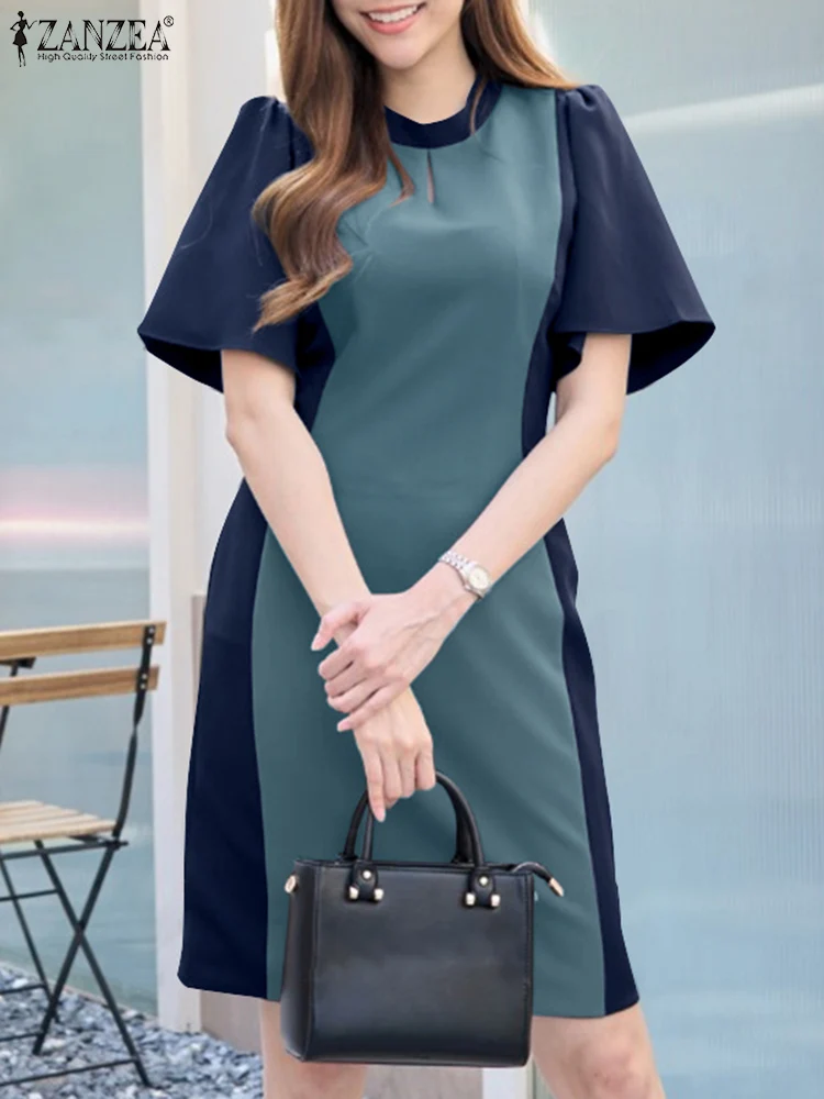 ZANZEA Elegant Wrap Hips Dresses Korean Women Office Dress 2025 Summer Fashion Patchwork Vestidos Vintage Puff Short Sleeve Robe