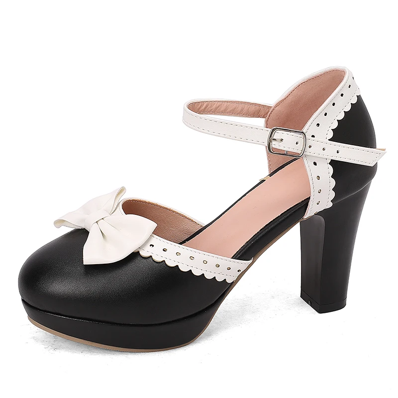 

Женские туфли Лолита на высоком каблуке, новинка 2023 года, туфли-лодочки на платформе с ремешком и милым бантом, белые, розовые, черные офисные свадебные туфли для девочек, большой размер 45