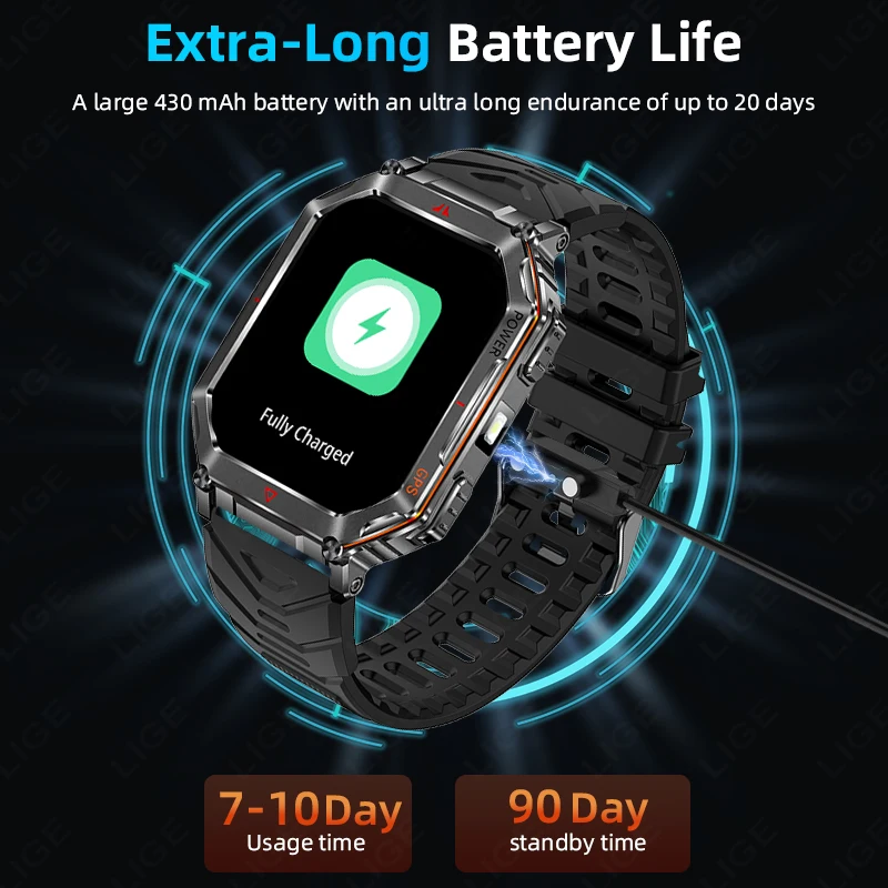 LIGE GPS Smart Watch 2.01" HD Display Built-in Compass Barometric Altimeter Voice Call Smartwatch 3ATM Waterproof Sports Watches