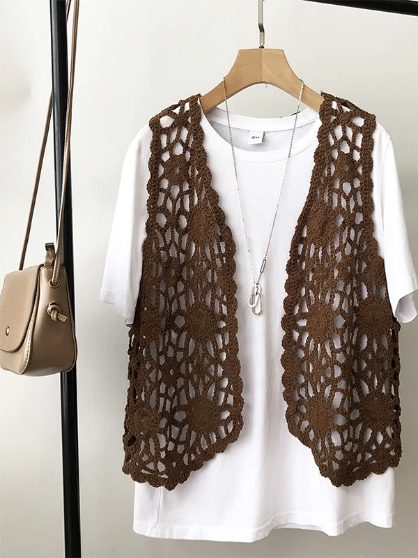 

Spring Summer Women's ort Knitted Lace Embroidery Vest Sweet Sle round Ne No Button Pure Color Versatile Faion Outerwear