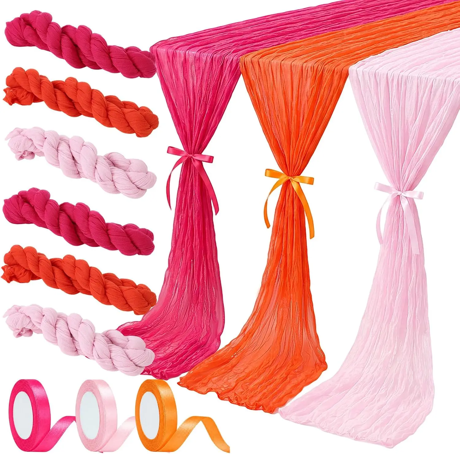 6Pcs Cheesecloth Table Runners with Ribbon Pink Orange Boho Rustic Gauze Wedding Baby Shower Summer Thanksgiving Sunset Decor