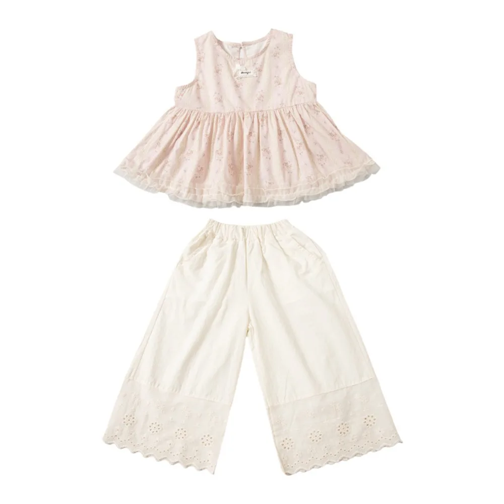 2026 Summer Girls Red White Plaid Outfit, Flutter Sleeve Cami Top with Shorts, Korean Kids 2PCS Set for 90-140cm