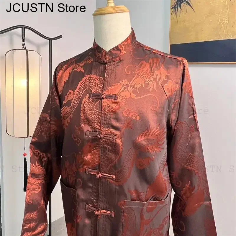 

Осень-весна, новая верхняя одежда, атласная куртка, кофейный дракон, мужское пальто ханьфу, свободный топ Ципао, жаккардовая одежда Тан, топ в китайском стиле