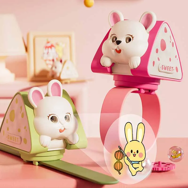 New Children's Fun Cartoon Cheese Bunny Dynamic Projection Watch Kids Light-emitting Toys Cute Animal Clap Circle Birthday Gifts