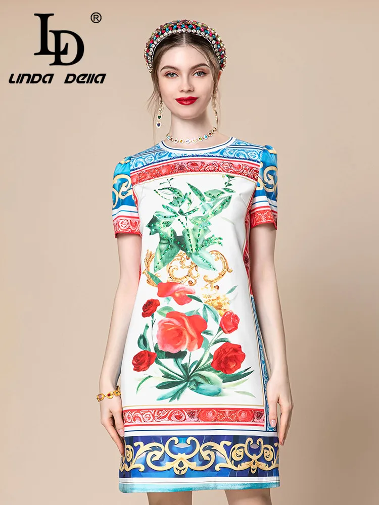 

LD LINDA DELLA Summer New Style Italian Luxury Dress Women's Round Neck Nail Bead Print Splice Striped Slim Fit Casual Dress