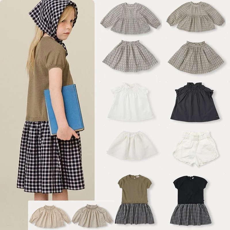Conjunto de Blusa y Falda Estampada para Niñas, Vestido de Primavera/Verano, Camisa y Pantalones Cortos, Traje a Cuadros, Ropa Infantil