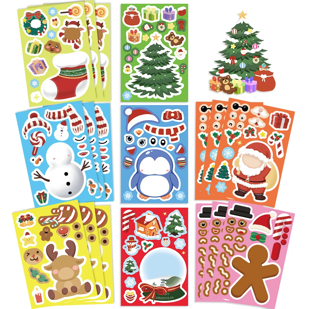 8/16/24pcs Christmas Puzzle Stickers Make A Face Santa Claus DIY Waterproof Kids Jigsaw Games Sticker Children Party Decor Toy