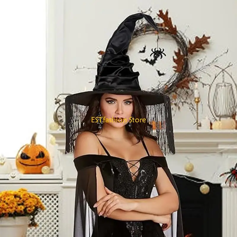 Y5GC Fringed Witch Hat Pleated Wizard Hat Halloween Party Headwear Cloches Hat Holiday Headwear Adult Role Play StageShow Hat
