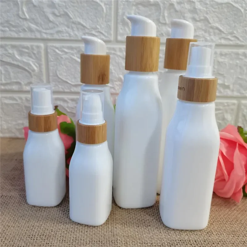 

flat shoulder Empty Luxury Opal White costemic Lotion Bottle White Porcelain Square Glass Bottle with Bamboo wooden Pump Cap