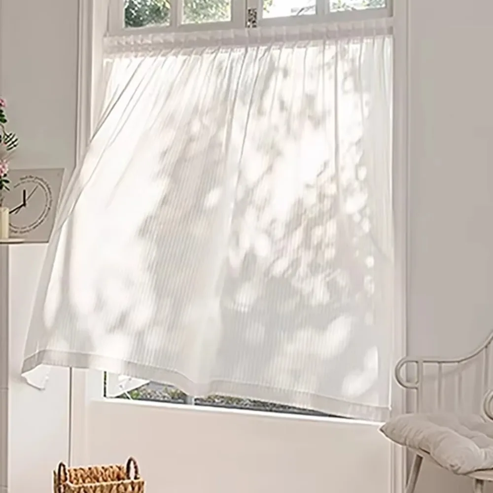No-Drill Sheer Window Curtains Velcro Self-Adhesive White Privacy Sheer Curtains Anti-Dust Vertical Panel Curtains