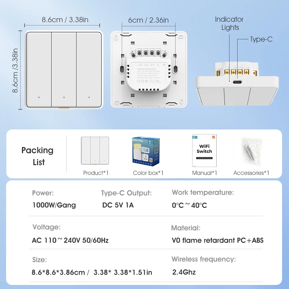 Tuya Smart Switch EU Wall Light Button Switch 110-250v WIFI RF433 TypeC Neutral Wire Timing Voice App Alexa, Google Home