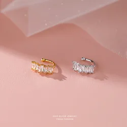 Girls Real 925 Sterling Silver French Square Zircon No Ear Piercing Earrings Gift for Women Girls Party Fine Jewelry Gift
