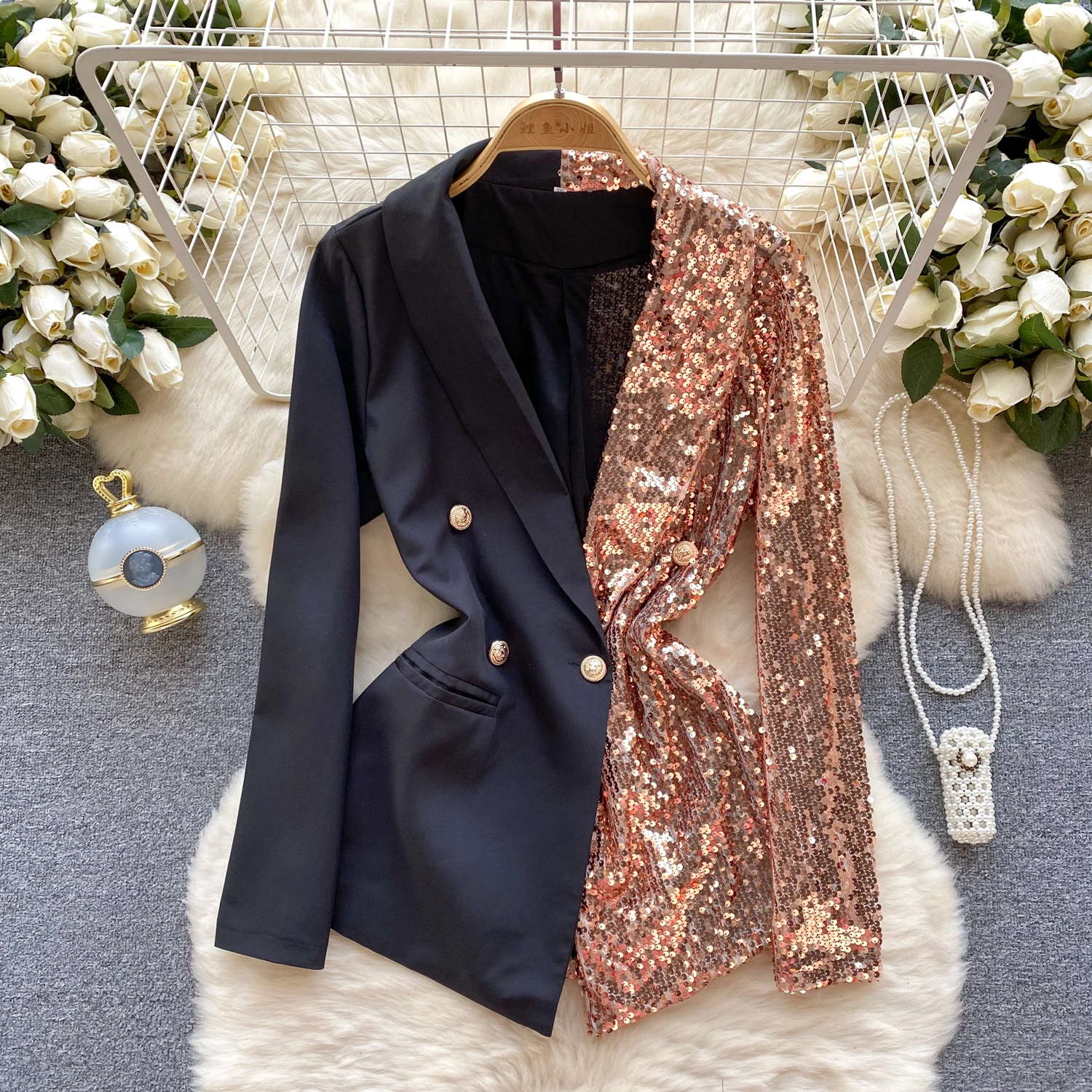 

Women Design Niche Sequin Splicing Color Print Small Suit Sexy Deep V Casual Party Dress Coats