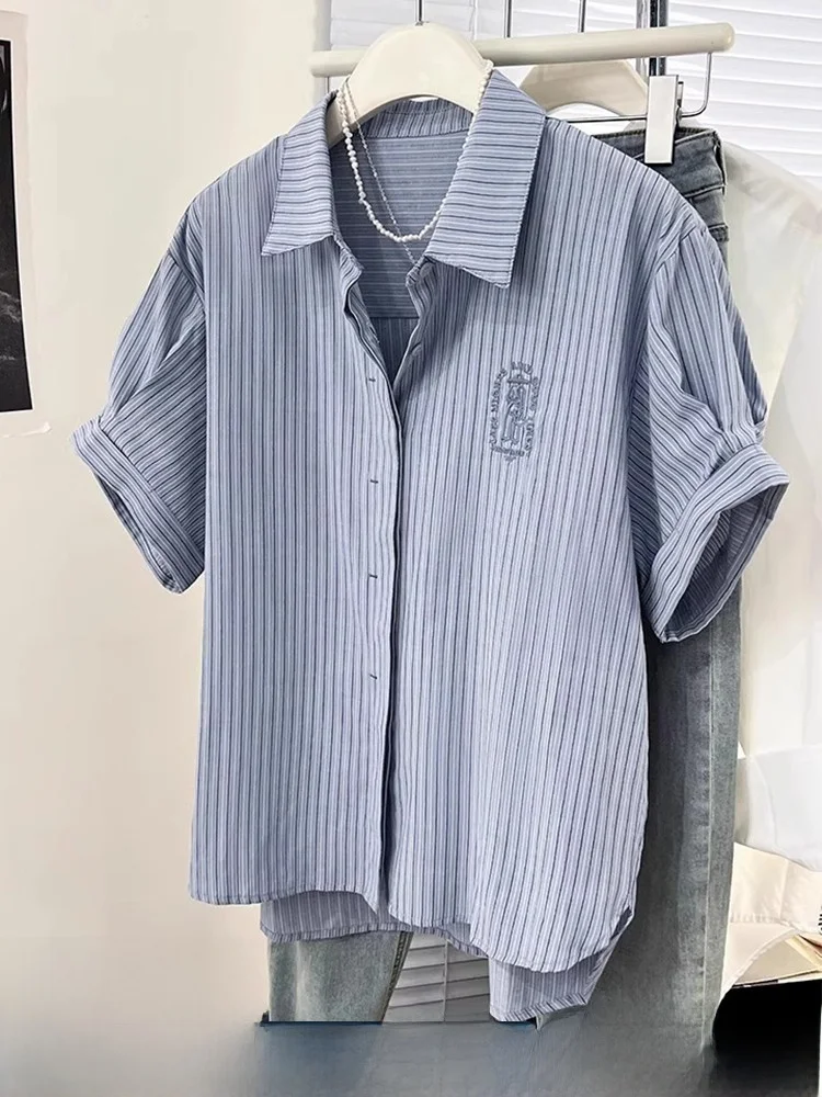 

Blue Striped ort Sve Embroidered irt Women's Summer Casual Loose Top High Waist Design Faionable And Versatile