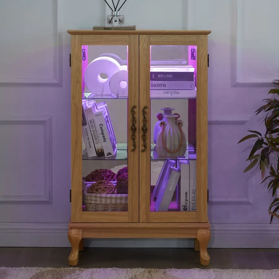 

Elegant Light Oak Curio Cabinet with Tempered Glass Doors LED Light Mirrored Back Panel Adjustable Shelves Perfect Display Stor