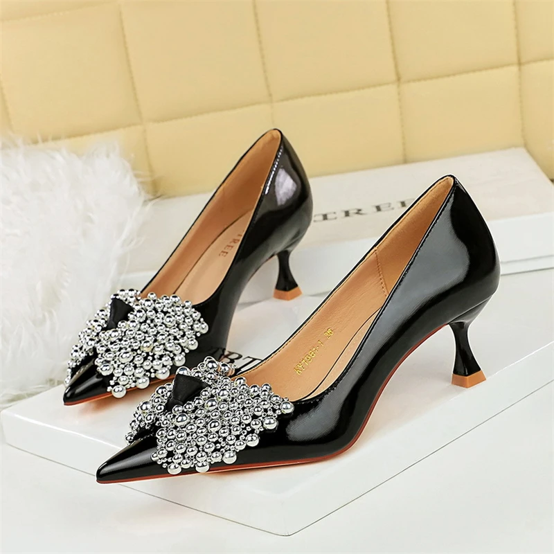 

Fashionable Rhinestone Bow Temperament High Heels Pointed Toe Thin Heels Versatile Shallow Mouth Trendy Single Shoes For Women
